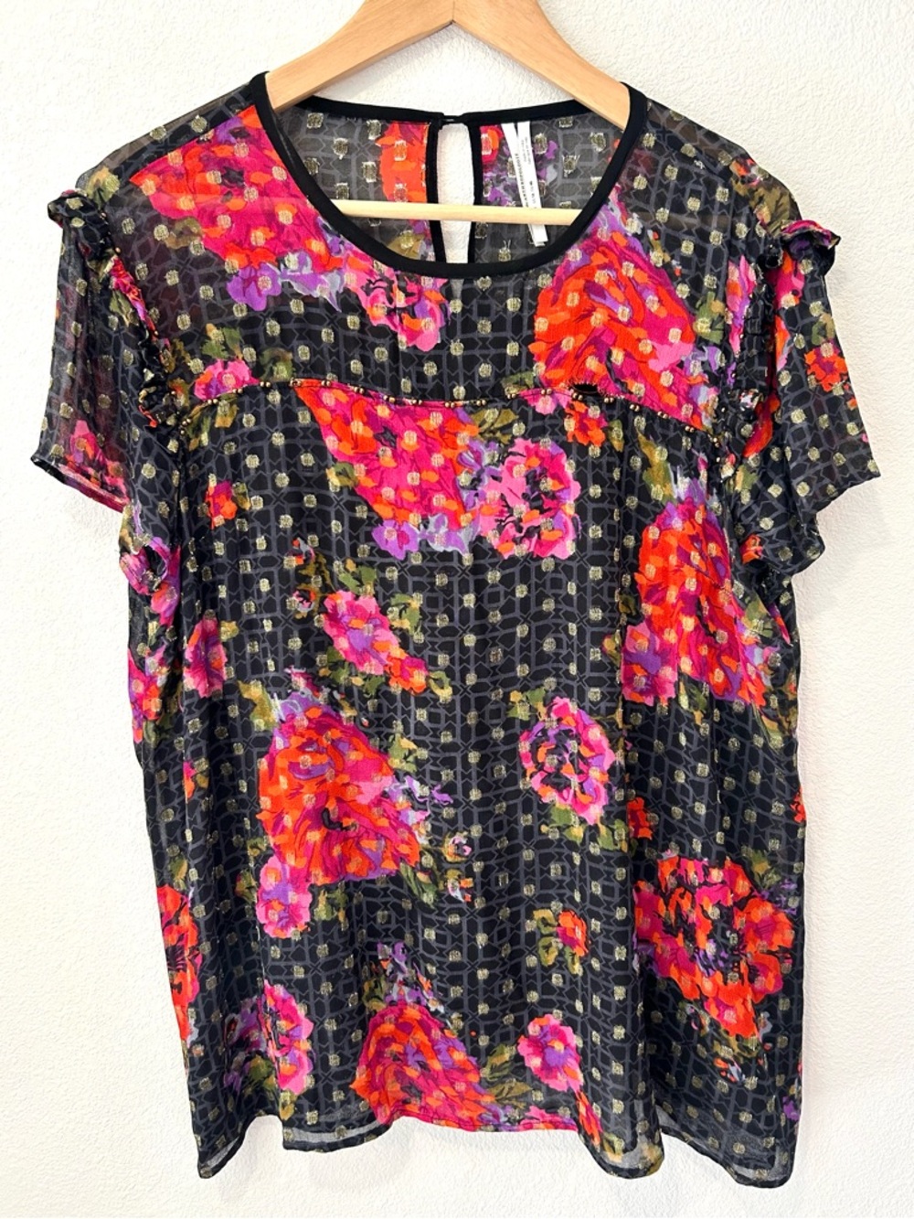 Anthropologie Fiorella Metallic Beaded Floral Polka Dot Top Boho Cottage Size 14 - Picture 6 of 10